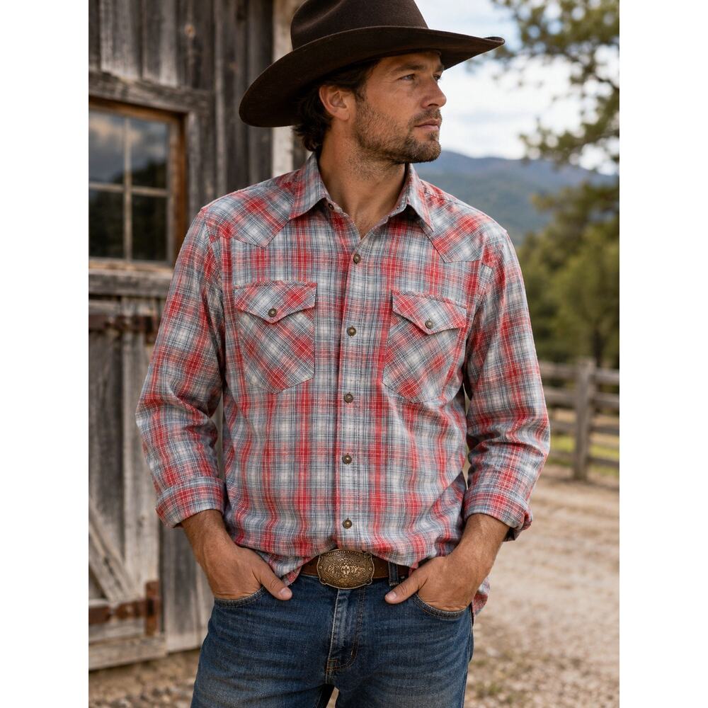 Wrangler Men’s XL Red Gray Plaid Western Shirt Pearl Snap Style Stretch